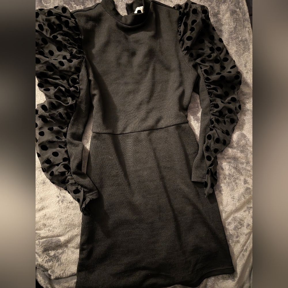 THML Polka Dot Mesh Sleeve Dress in Blk Small